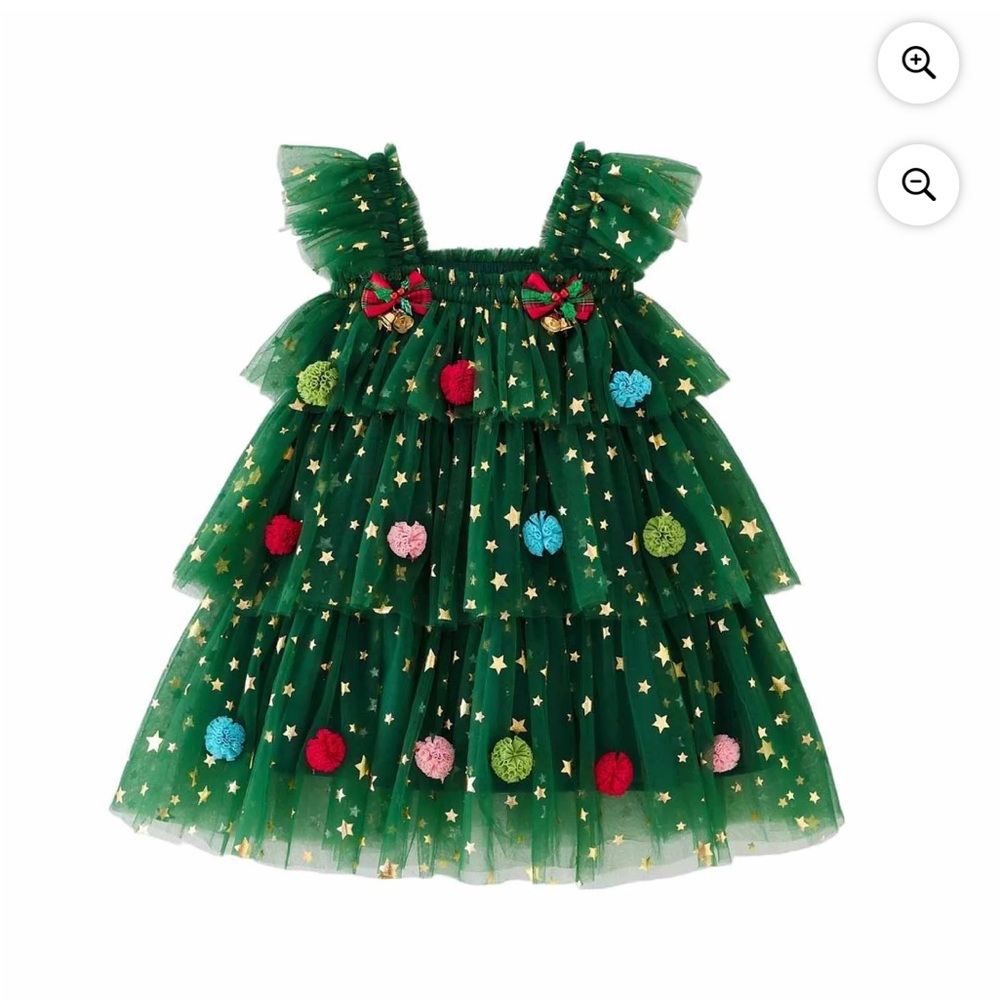 Brand New 5T Green Tulle Dress with Star and Pom Pom Accents